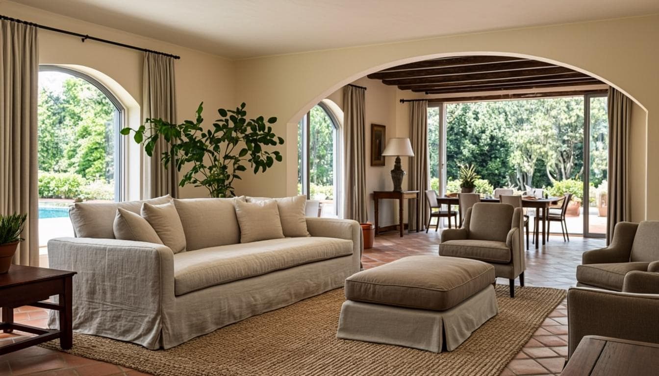 Airy Mediterranean interior with arched doorway opening onto a garden terrace